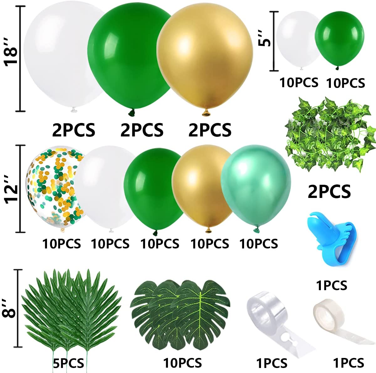 iZoeL Green Balloon Arch Kit Boys, Birthday Balloon Arches Girls, with Metallic Latex Balloon, Tropical Leaves, Artificial Ivy Garland, Ballon Arch Maker Kit, for Baby Shower Safari Jungle Party Decoration