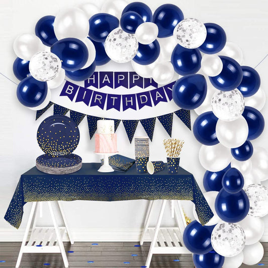 iZoeL Navy Blue Birthday Decoration Party Tableware Birthday Balloon Arch Kit - 16Guests, Party Supplies Happy Birthday Banner, Tablecloth Paper Plates Napkins Cups Straws 10g Confettis