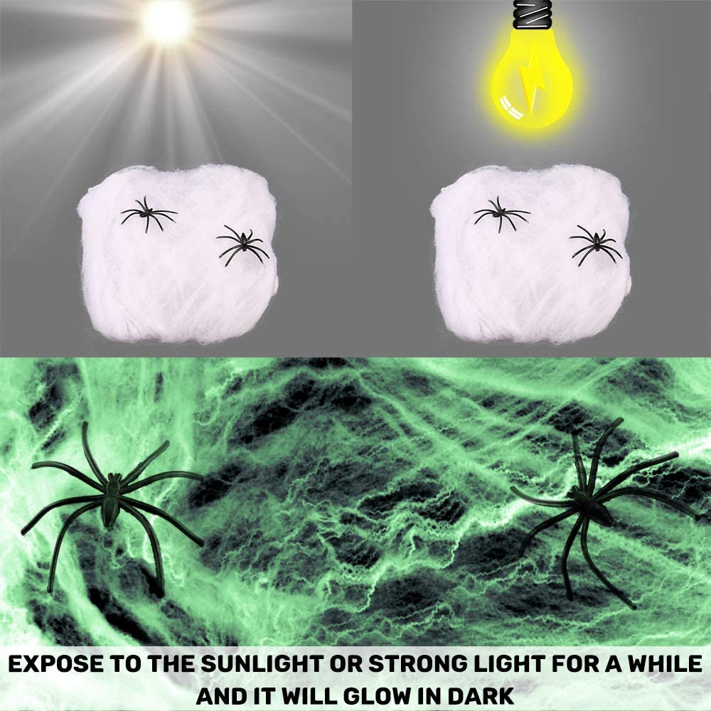 iZoeL 100g Stretchable Spider Web (Night Luminous) Cobweb webbing plus 50pcs Big Fake Spider for Halloween Night Haunted House Bar Pub Party Decoration