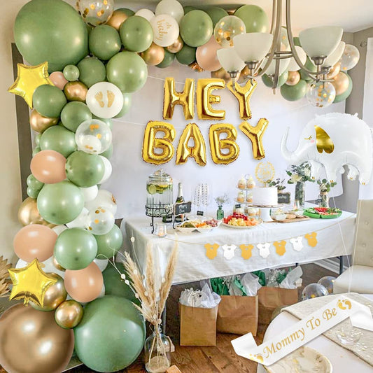 iZoeL Sage Green Baby Shower Decorations Boy Girl Gold Apricot Baby Shower Decoration Neutral Balloon Arch Kit, Hey Baby Banner Mummy to Be Sash Elephant Balloons Surprise Gender Reveal