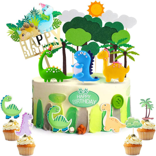 iZoeL Dinosaur Cake Decoration, 3D Dinosaur Cake Toppers, Dinosaur Happy Birthday Caker Topper,Dinosaur Cupcake Topper for Kids Boys Birthday Party Cake - 21PCS - Reusable