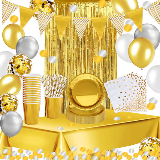 iZoeL Gold Party Decorations Supplies for 16Guests Tableware Bunting Curtain Tablecloth Plates Napkins Cups Straws Balloon Birthday Wedding Hen Party Anniversary