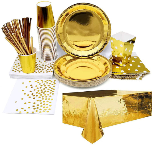 iZoeL Gold Party Tableware Gold Dinnerware Foil Tablecloth Paper Plates Napkins Popcorn Boxes Cups Straws Party Supplies for Birthday Bridal Wedding Anniversary 30 Guest