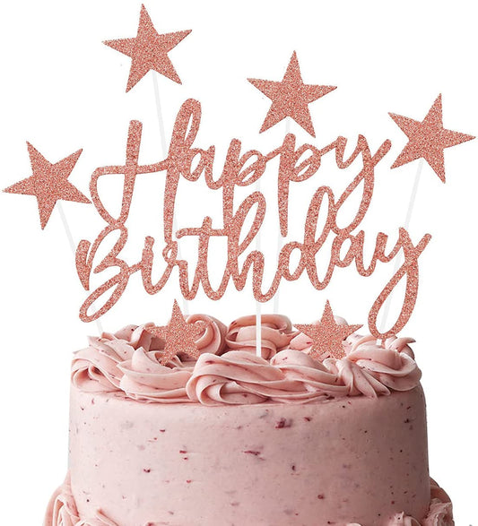 iZoeL 2 Sets Gold Cake Decoration Gold Cake Topper Happy Birthday Banner Confetti Balloon Stars Heart Cake Topper for Man Boys Women Girls Gold Theme Birthday Party Decor Hen Party (Rose gold)