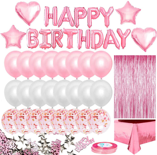 iZoeL Pink Birthday Party Decoration for Girls Happy Birthday Banner Baloons Fringe Curtain Foil Tablecloth Heart Star Foil Confetti Balloons and 10g Table Confetti for Women Birthday Party