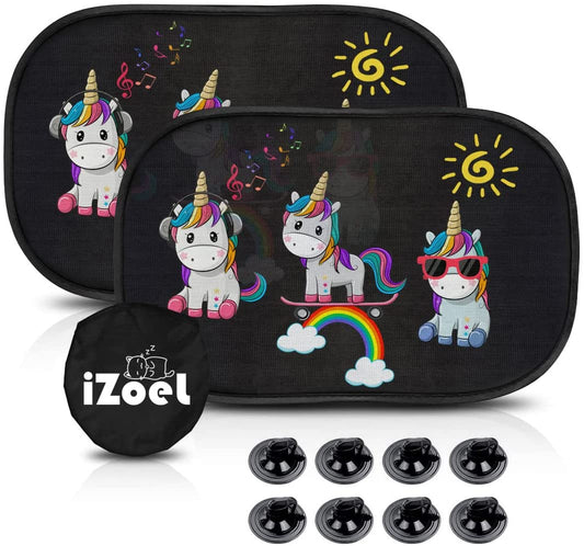 iZoeL Sonnenschutz Auto Baby mit UV Schutz, 2 Pack Sonnenblende Kinder mit 8 Saugnapf, Schatten Autofenster Seitenscheibe Motiv Tiere (Einhorn)