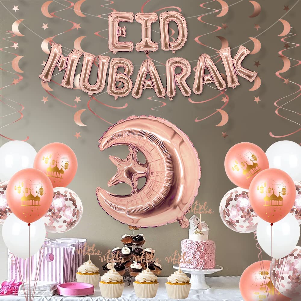 iZoeL EID Mubarak Decorations for Home Eid Decorations UK Rose Gold, Eid Mubarak Balloons Mubarak Banner Eid Cake Topper Moon Star Garland Eid Balloons for Home Restaurant Garden