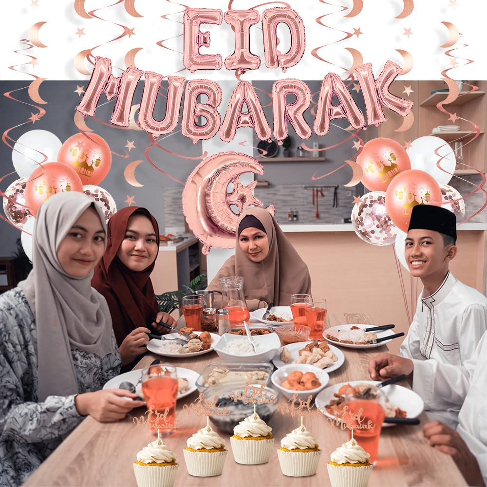 iZoeL EID Mubarak Decorations for Home Eid Decorations UK Rose Gold, Eid Mubarak Balloons Mubarak Banner Eid Cake Topper Moon Star Garland Eid Balloons for Home Restaurant Garden