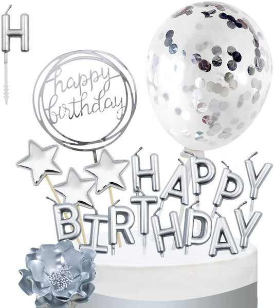 iZoeL Silver Cake Decoration Happy Birthday Cake Topper Birthday Candles Confetti Balloon Stars For Silver Theme Party Decor Girl Kid Women Man Birthday Party Anniversary