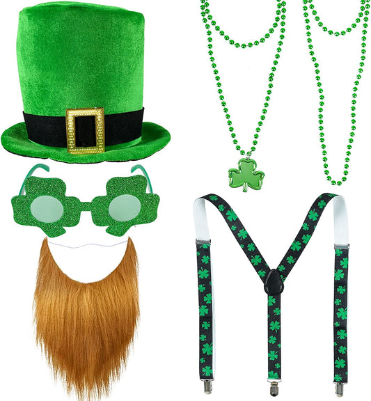 iZoeL St Patricks Day Accessories, Leprechaun Costume St Patricks Day Hat Suspenders Shamrock Glasses Clover Necklaces Irish Fancy Dress Outfits - Men Women kids