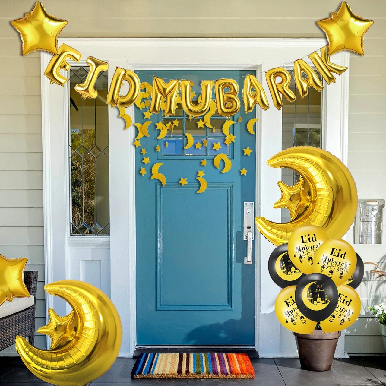 iZoeL EID Mubarak Decorations for Home Eid Decorations UK, Eid Mubarak Balloons Mubarak Banner Eid Cake Topper Moon Star Garland Eid Balloons for Home Restaurant Garden - Black Gold