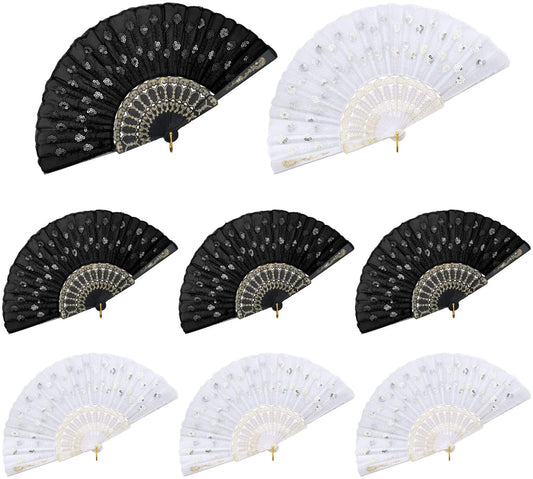 iZoeL Lace Folding Fans Handheld Folding Fans 8pcs Black and White Sequins Fan Women's Hand Held Holding Fans for Wedding Birthday Party Decoration Idea Gifts Dancing Prop Embellishing Walls