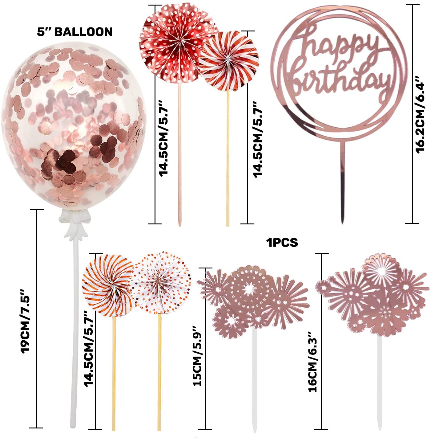 Roll over image to zoom in iZoeL Rose Gold Birthday Cake Decoration Happy Birthday Cake Topper Paper Fans Banner Confetti Balloon Fireworks Rose Gold Cupcake Topper for Girl Kid Women