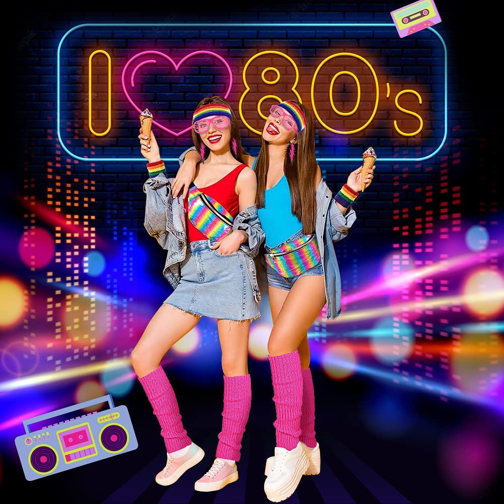 iZoeL 80s Fancy Dress for Women 80s Accessories Halloween Costumes for Kids 80s Outfits for Girls - Waist Packs Headband Wristbands Leg Warmers - Neon 80s Fun Run Teams