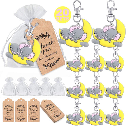 iZoeL 20 Sets Baby Shower Return Favors for Guests, Pink Sleeping Baby Elephant Keychains + Organza Bags + Thank You Kraft Tags for Elephant Theme Party Favors, Girls Kids Party Supplies