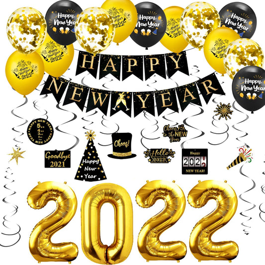 iZoeL New Years Eve Party Decorations 2022, 13pcs Black Gold Happy New Year Banner, 2022 Balloons, 10pcs Happy New Year Hanging Swirl, 16pcs Balloons for New Year Decorations