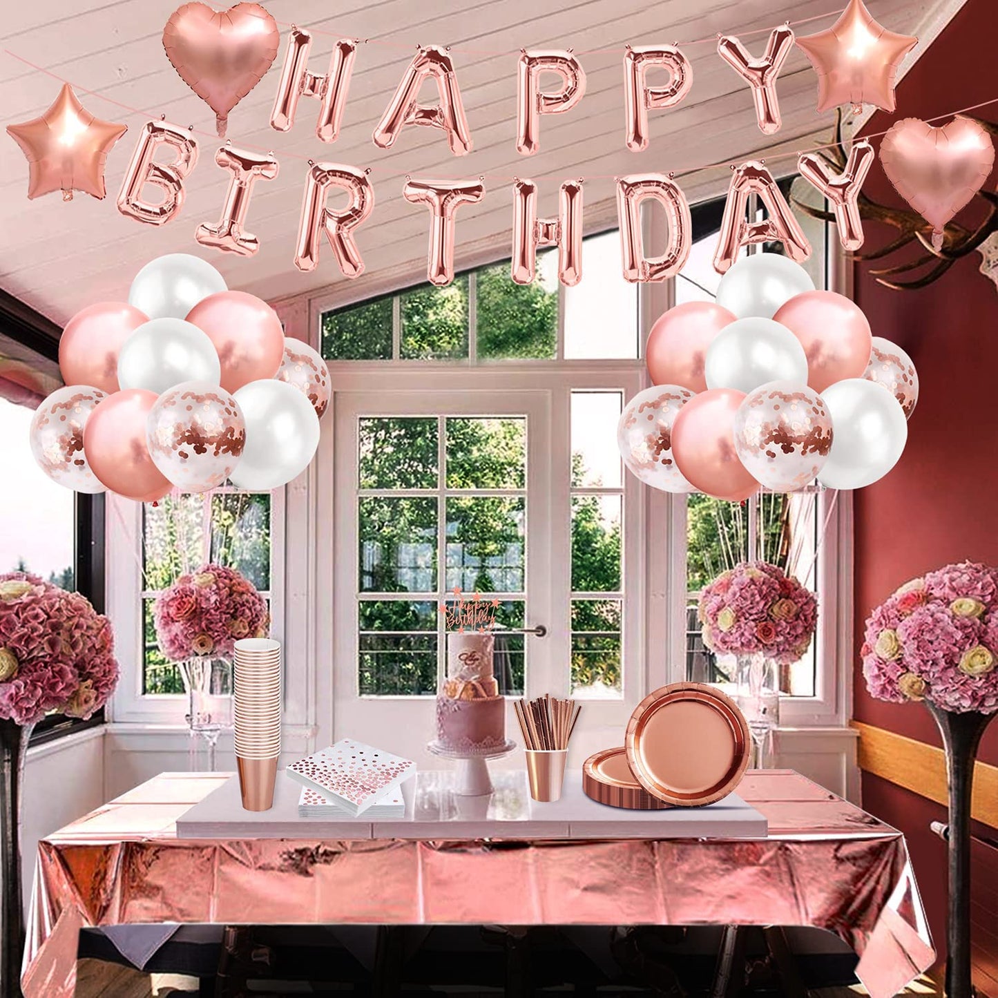 iZoeL 30 Guests Rose Gold Party Tableware and Rose Gold Birthday Balloons for Birthday Anniversary
