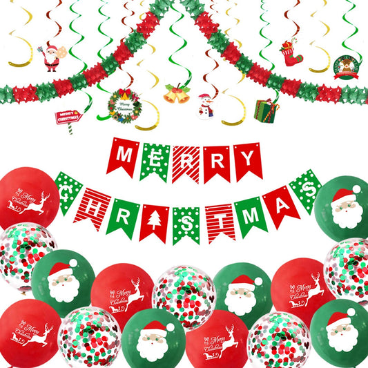 iZoeL Merry Christmas Decoration Balloon Set, Merry Christmas Banner, Xmas Hanging Swirl, Christmas paper Garland, Christmas Red Yellow Confetti Balloon for Christmas Eve Party Ideas