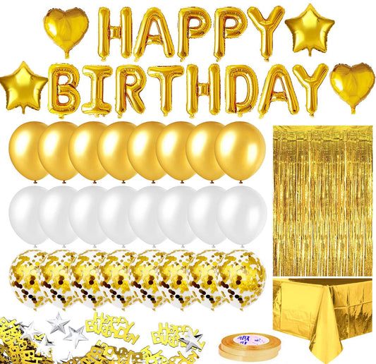 iZoeL Gold Birthday Party Decoration Happy Birthday Banner Balloons Fringe Curtain Foil Tablecloth Heart Star Foil Confetti Balloons and 10g Table Confetti for Man Women Birthday Party