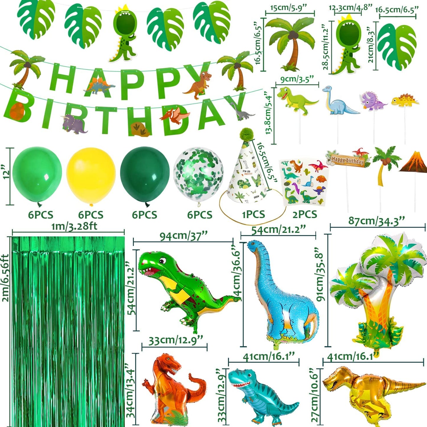iZoeL Dinosaur Birthday Decorations for Boys, 36.6inch Dinosaur Coconut Tree Balloons, Happy Birthday Banners, Green Curtain, Birthday Hat, Cake Topper, Tattoo Stickers, Dinosaur Party Supplies