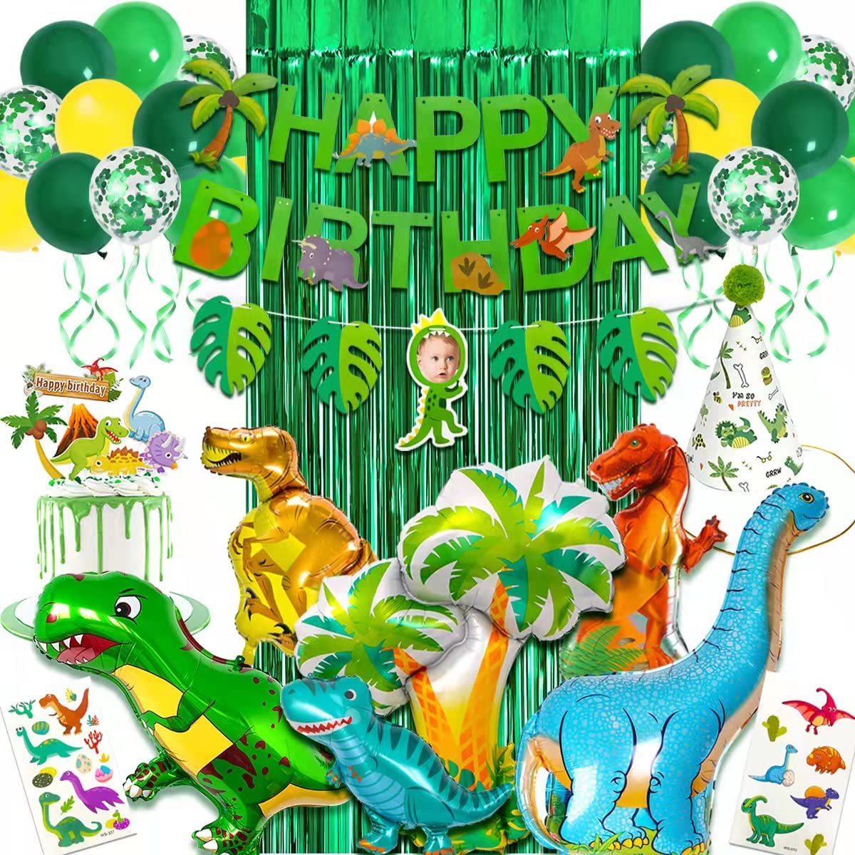 iZoeL Dinosaur Birthday Decorations for Boys, 36.6inch Dinosaur Coconut Tree Balloons, Happy Birthday Banners, Green Curtain, Birthday Hat, Cake Topper, Tattoo Stickers, Dinosaur Party Supplies