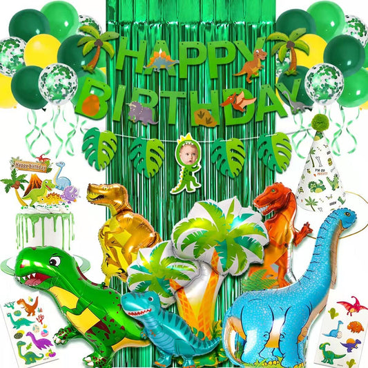 iZoeL Dinosaur Birthday Decorations for Boys, 36.6inch Dinosaur Coconut Tree Balloons, Happy Birthday Banners, Green Curtain, Birthday Hat, Cake Topper, Tattoo Stickers, Dinosaur Party Supplies