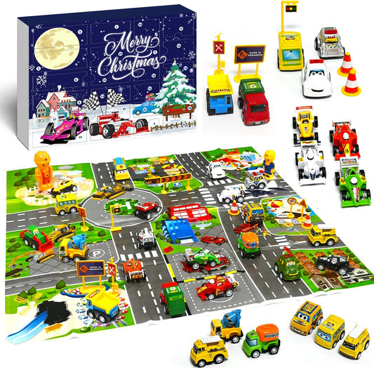 iZoeL Cars Advent Calendar for Kids Boys 2021 Christmas, 24 Mini Pull Back Vehicles with Game Map, Racing Car Construction Vehicles Fire Truck Countdown Days to Christmas for Son Grandson Girls