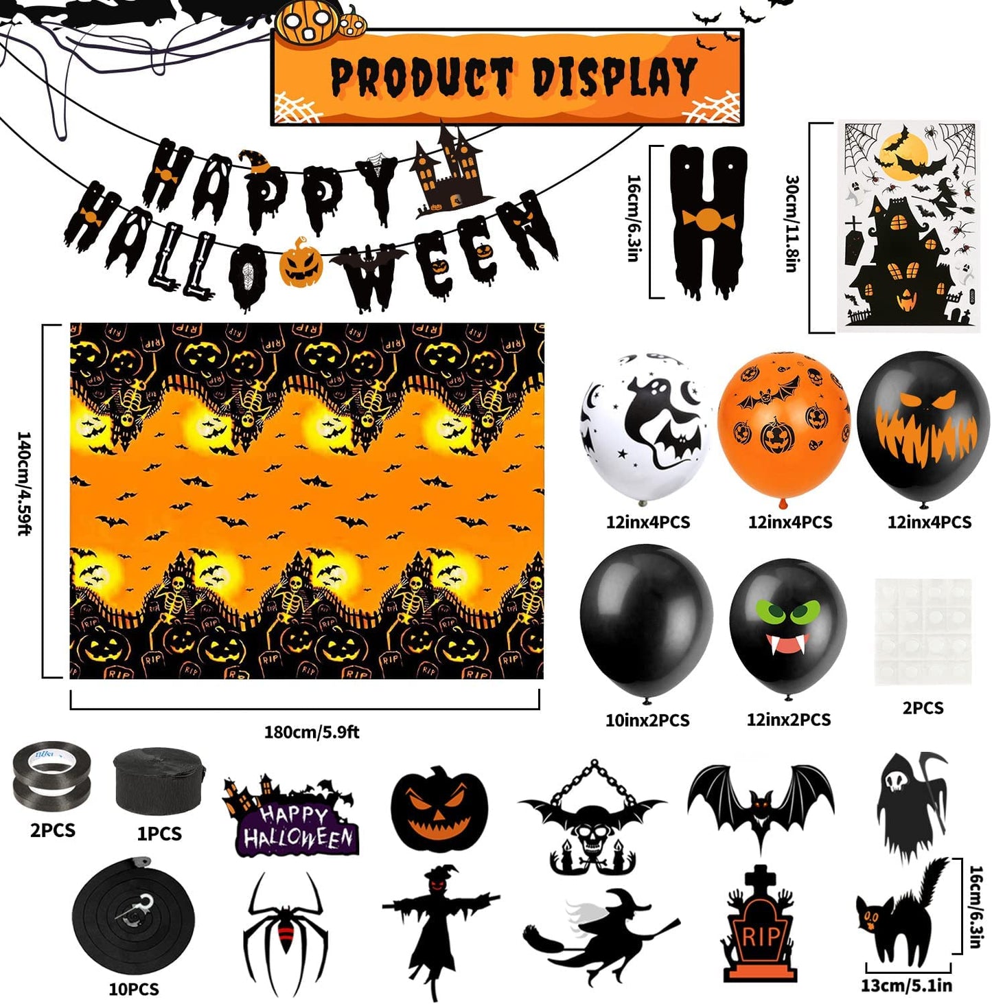 iZoeL Halloween Balloon Party Decoration Pull Flag Spiral Tablecloth Sticker Spider Crepe Paper