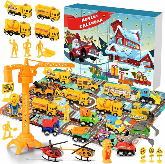 iZoeL Cars Advent Calendar Boy Kids 2021, 24 Pull Back Vehicles as Construction Vehicles School Cars Crane with Game Map for Son Grandson - 24 Christmas Countdown Days to Holiday, Xmas Surprise Gift