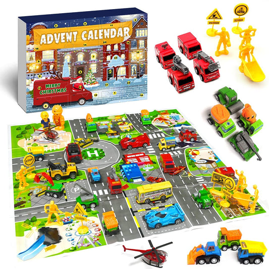 iZoeL Cars Advent Calendar Boy Kids 2021, 24 Pull Back Vehicles as Construction Vehicles School Cars with Game Map for Son Grandson - 24 Christmas Countdown Days to Holiday, Xmas Surprise Gift