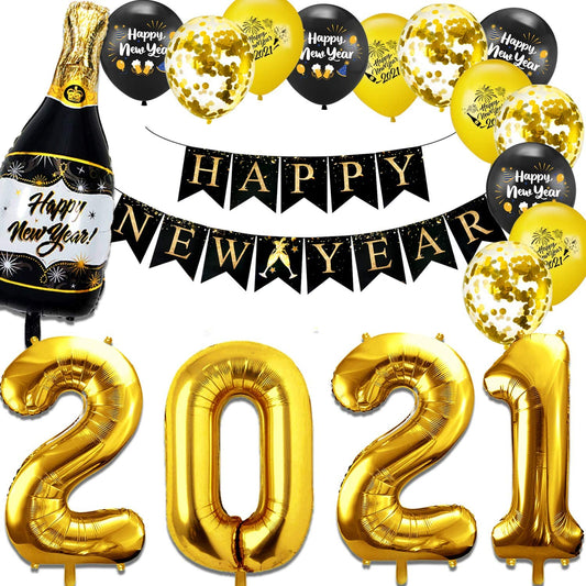 iZoeL Happy New Year Balloon 2021 XXL Set, Black Gold Happy New Year Banner, XXL 2021 Numbers, Bottle Champagne Black Gold Confetti Balloons for New Year's Eve Party Decoration (Black Gold)