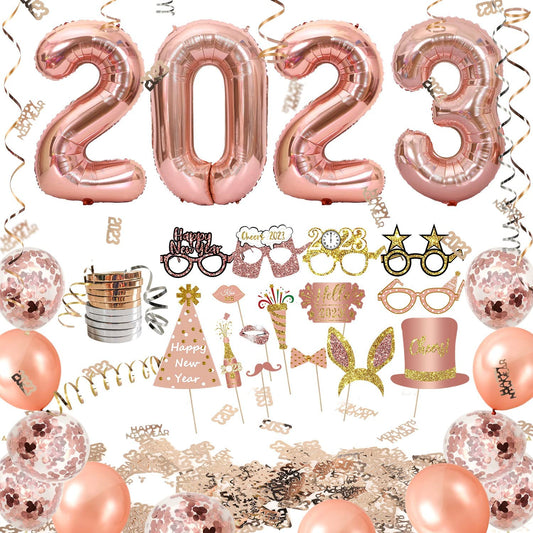 iZoeL New Years Decorations 2023 Eve Party Supplies - Rose Gold 2023 Balloons 2023 Glasses New Year Photo Booth Props, Curling Ribbons Table Confetti Decorations - New Years Party Favors