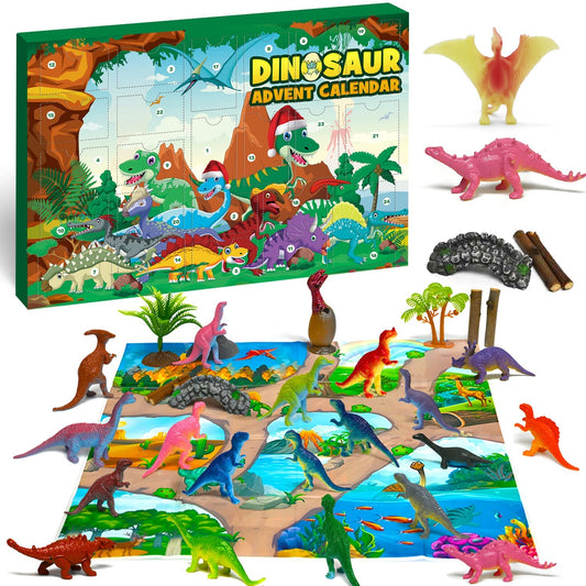 iZoeL Dinosaur Advent Calendar for Boys Kids 2021 Christmas, 24 Dinosaurs Figures Playset with Game Map, Countdown Days to Christmas Holiday, Xmas Surprise Gift for Son Grandson Brother (Paper)