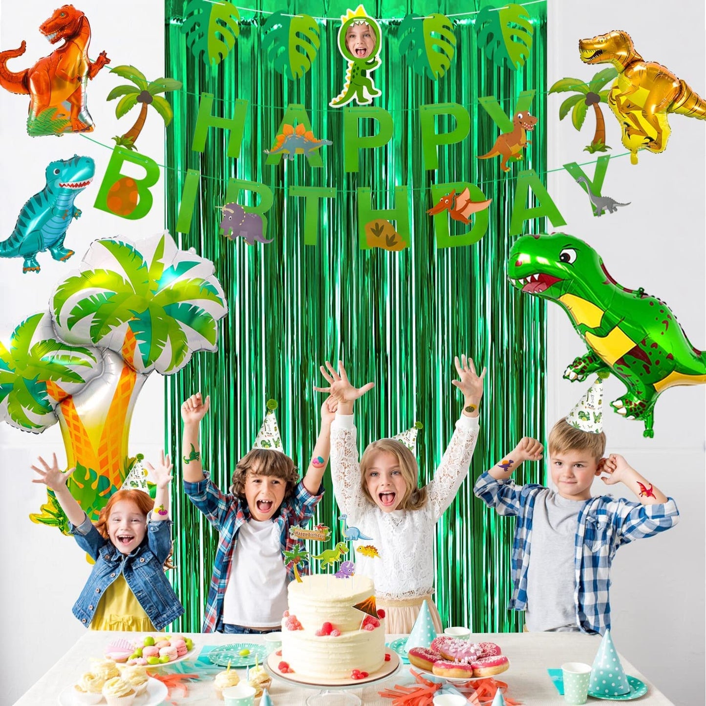 iZoeL Dinosaur Birthday Decorations for Boys, 36.6inch Dinosaur Coconut Tree Balloons, Happy Birthday Banners, Green Curtain, Birthday Hat, Cake Topper, Tattoo Stickers, Dinosaur Party Supplies