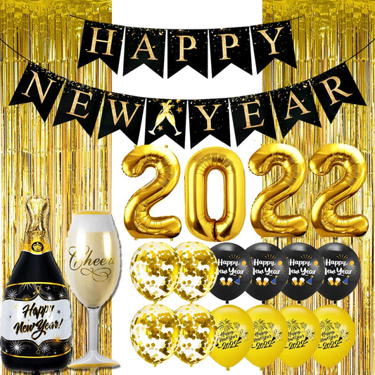 iZoeL New Years Eve Party Decorations 2022, Black Gold Happy New Year Banner, XXL 2022 Balloons, Gold Fringe Curtain, Bottle Champagne Balloons for Happy New Year Decorations