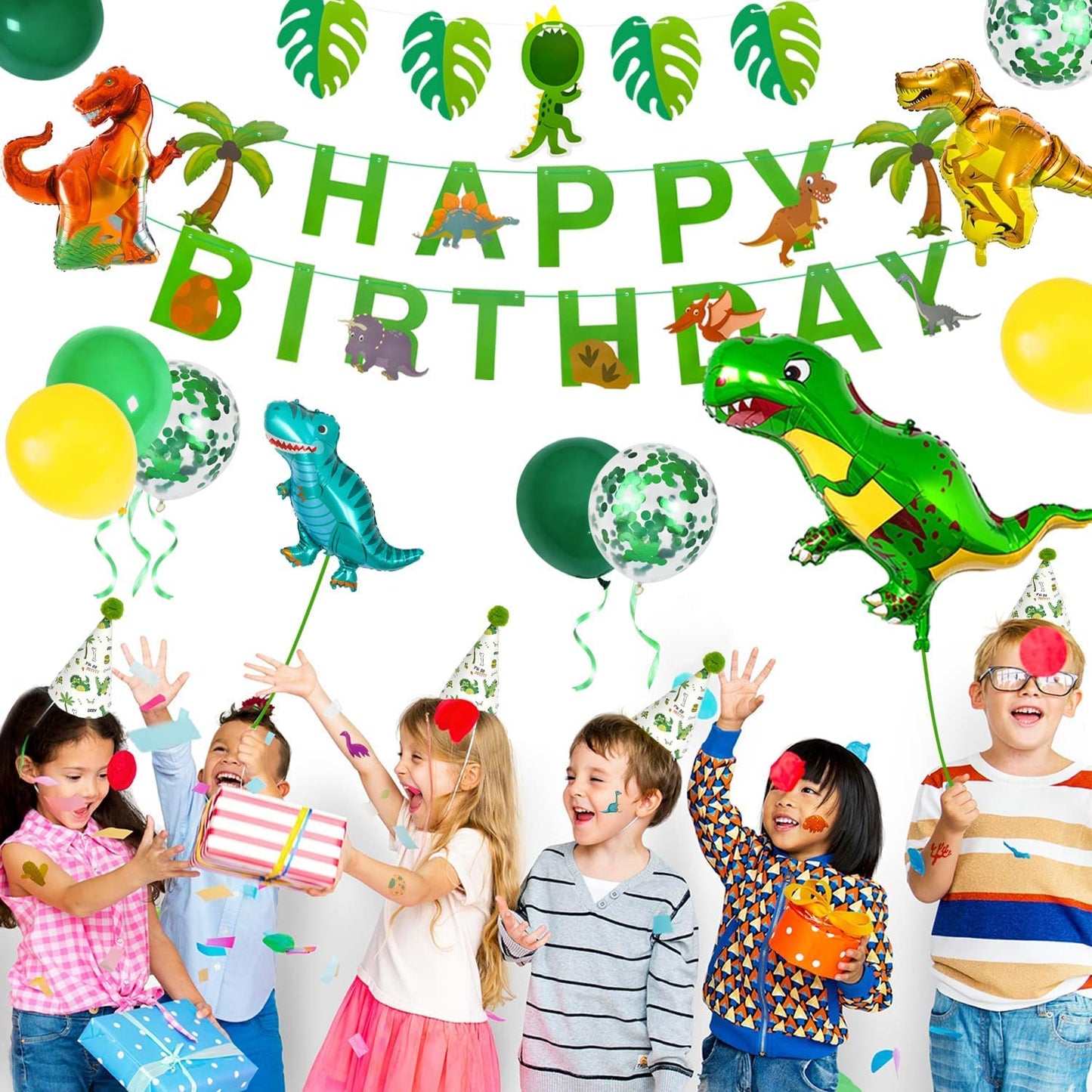 iZoeL Dinosaur Birthday Decorations for Boys, 36.6inch Dinosaur Coconut Tree Balloons, Happy Birthday Banners, Green Curtain, Birthday Hat, Cake Topper, Tattoo Stickers, Dinosaur Party Supplies