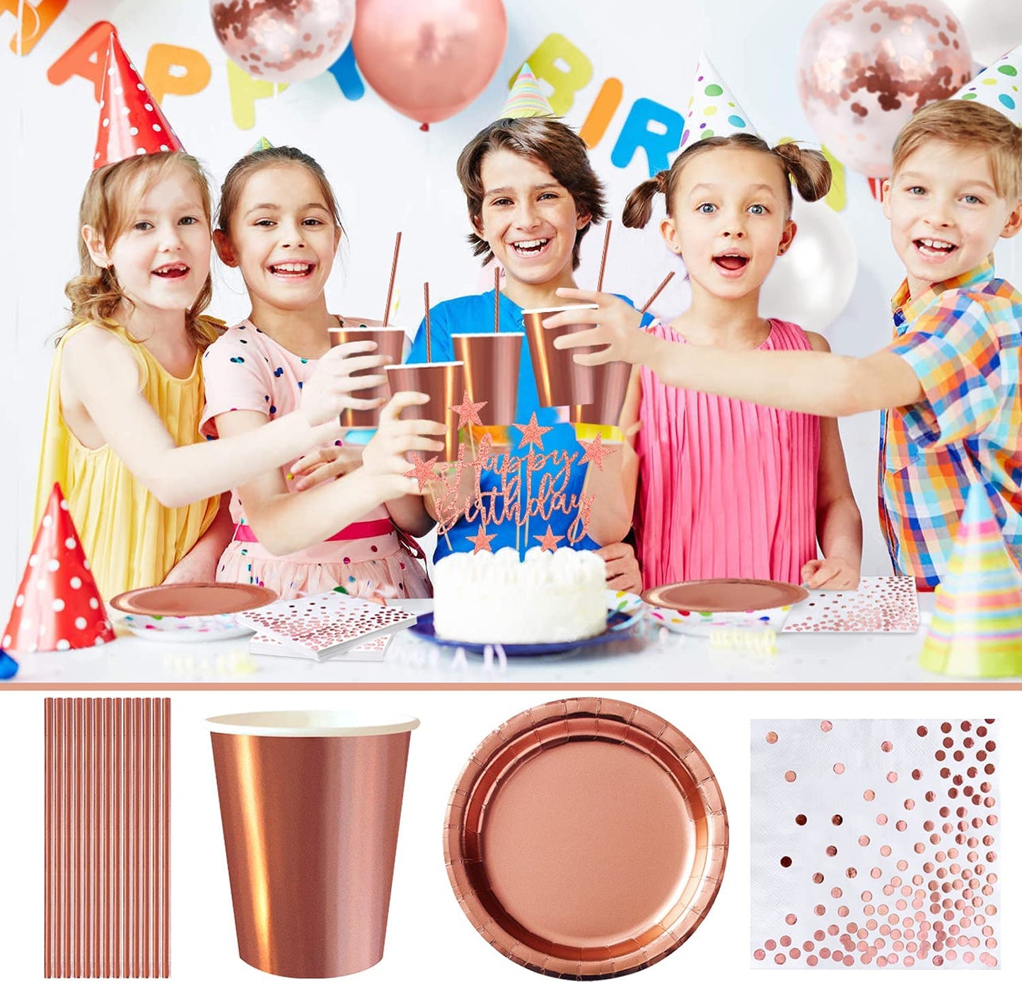 iZoeL 30 Guests Rose Gold Party Tableware and Rose Gold Birthday Balloons for Birthday Anniversary