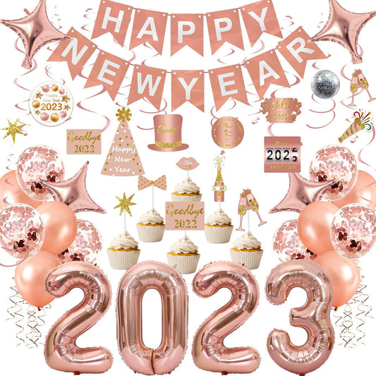 iZoeL New Years Decorations 2023 Eve Party Supplies - Rose Gold 2023 Balloons New Year Hanging Swirl New Year Cake Topper Happy New Year Balloons - 2023 New Years Party Favors