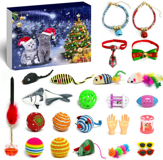iZoeL Cat Toys Advent Calendar 2021 Christmas, 24Pcs Interactive Cat Toys - Christmas Collars Bow Tie, Fish, Fake Mouse, Bell Balls and Column Bell Toys, for Cats