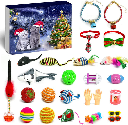 iZoeL Cat Toys Advent Calendar 2021 Christmas, 24Pcs Interactive Cat Toys - Christmas Collars Bow Tie, Fish, Fake Mouse, Bell Balls and Column Bell Toys, for Cats