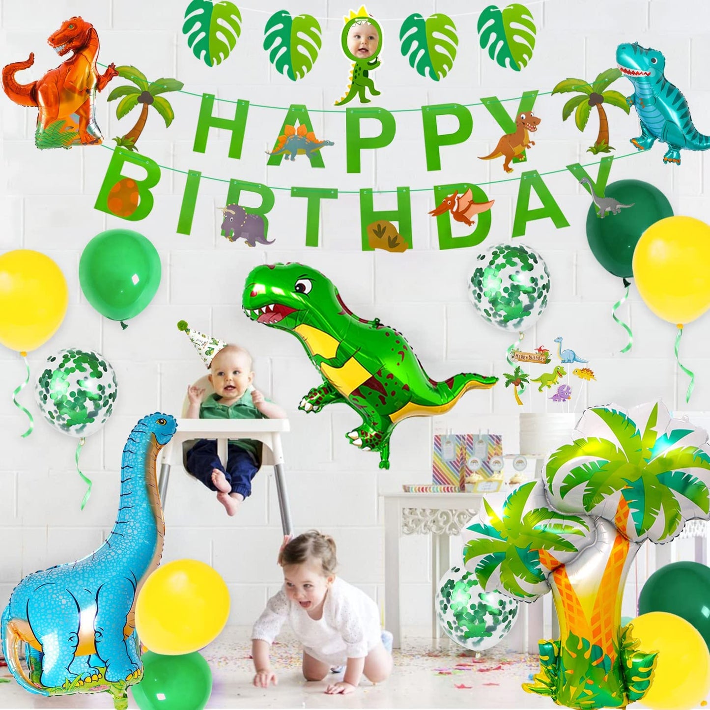 iZoeL Dinosaur Birthday Decorations for Boys, 36.6inch Dinosaur Coconut Tree Balloons, Happy Birthday Banners, Green Curtain, Birthday Hat, Cake Topper, Tattoo Stickers, Dinosaur Party Supplies