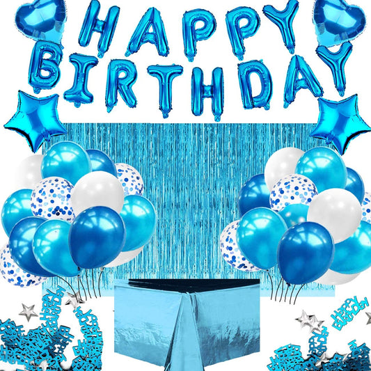 iZoeL Blue Birthday Decoration for Boys, Happy Birthday Banner, Foil Fringe Curtain Tablecloth, Heart Star Confetti Balloons with 10g Birthday Table Confetti for Baby Shower Men Kids