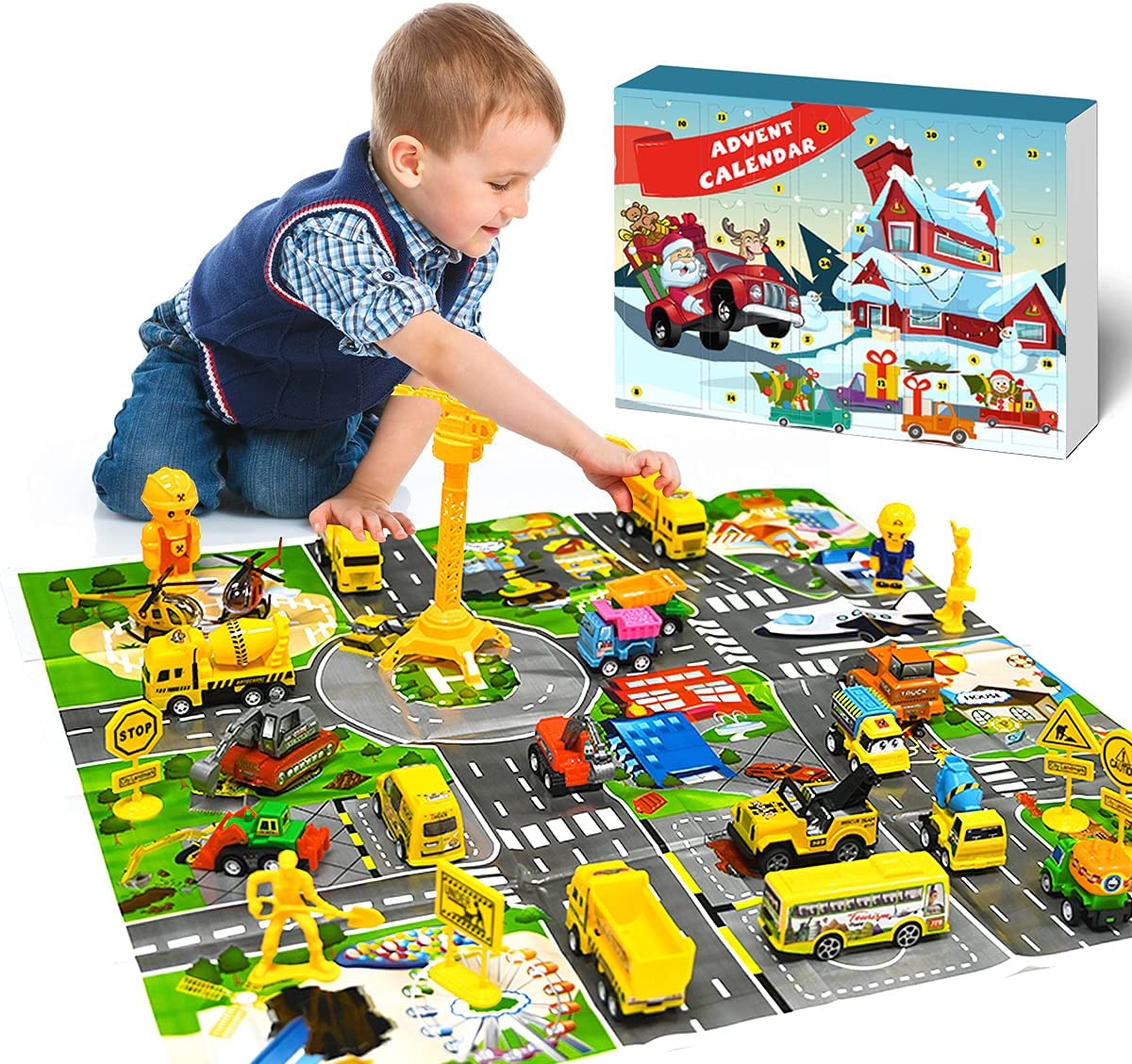 iZoeL Cars Advent Calendar Boy Kids 2021, 24 Pull Back Vehicles as Construction Vehicles School Cars Crane with Game Map for Son Grandson - 24 Christmas Countdown Days to Holiday, Xmas Surprise Gift