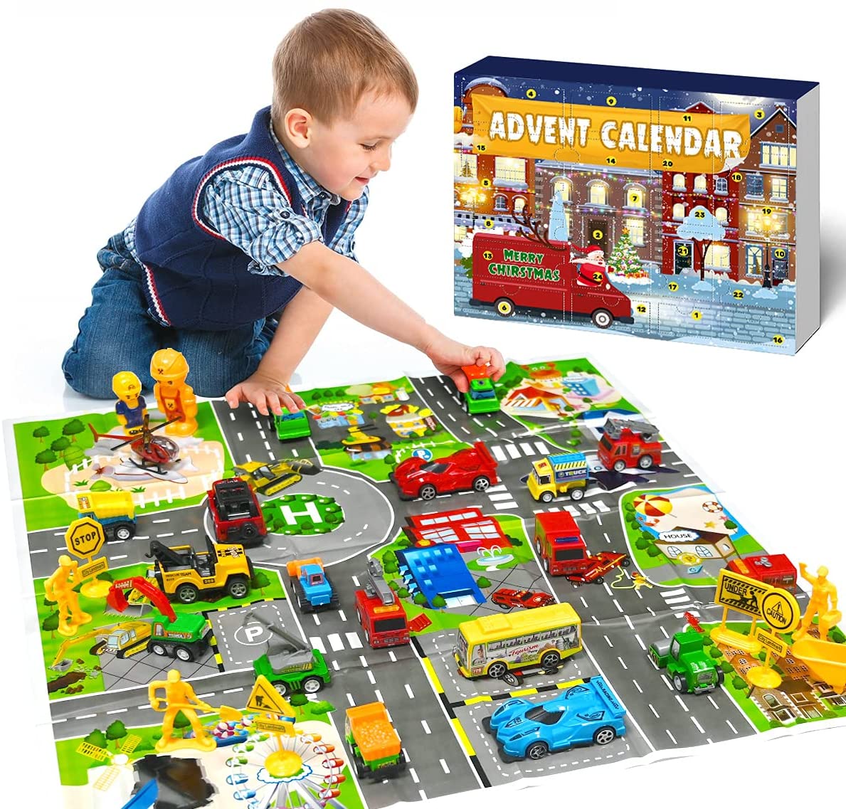 iZoeL Cars Advent Calendar Boy Kids 2021, 24 Pull Back Vehicles as Construction Vehicles School Cars with Game Map for Son Grandson - 24 Christmas Countdown Days to Holiday, Xmas Surprise Gift