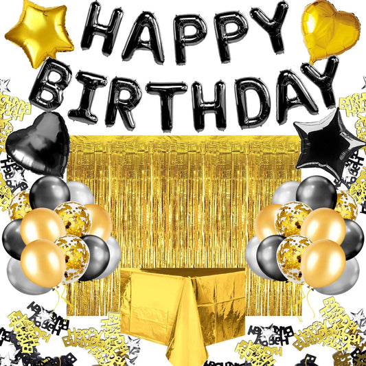 iZoeL Birthday Decorations for Men Women, Black Gold Happy Birthday Banner Balloons, Fringe Curtain, Foil Tablecloth, Heart Star Confetti Balloons and 10g Table Confetti