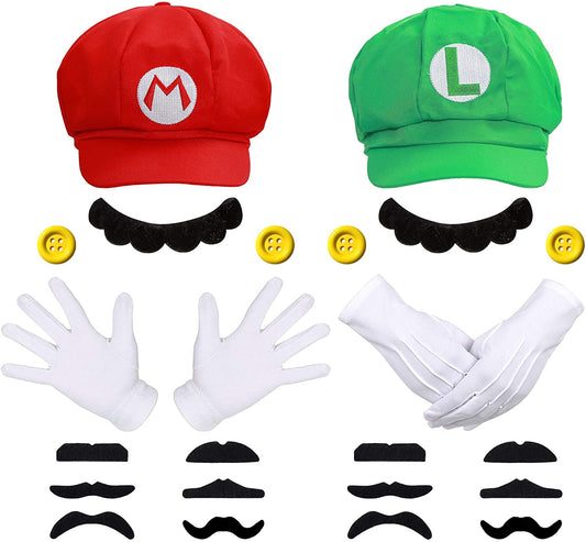 iZoeL Super Mario Luigi Hat Kit incl. Mario Luigi Hat + 4x white gloves + 14x mustache + 4x 5cm buttons for Party Character Games Carnival Decoration Adult Man Women Boy Girl kid