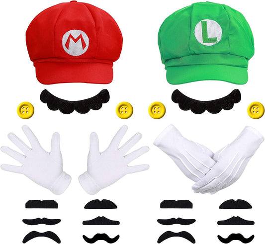 iZoeL Super Mario Luigi Hat Kit incl. Mario Luigi Hat + 4x white gloves + 14x mustache + 4x 5cm buttons for Party Character Games Carnival Decoration Adult Man Women Boy Girl kid
