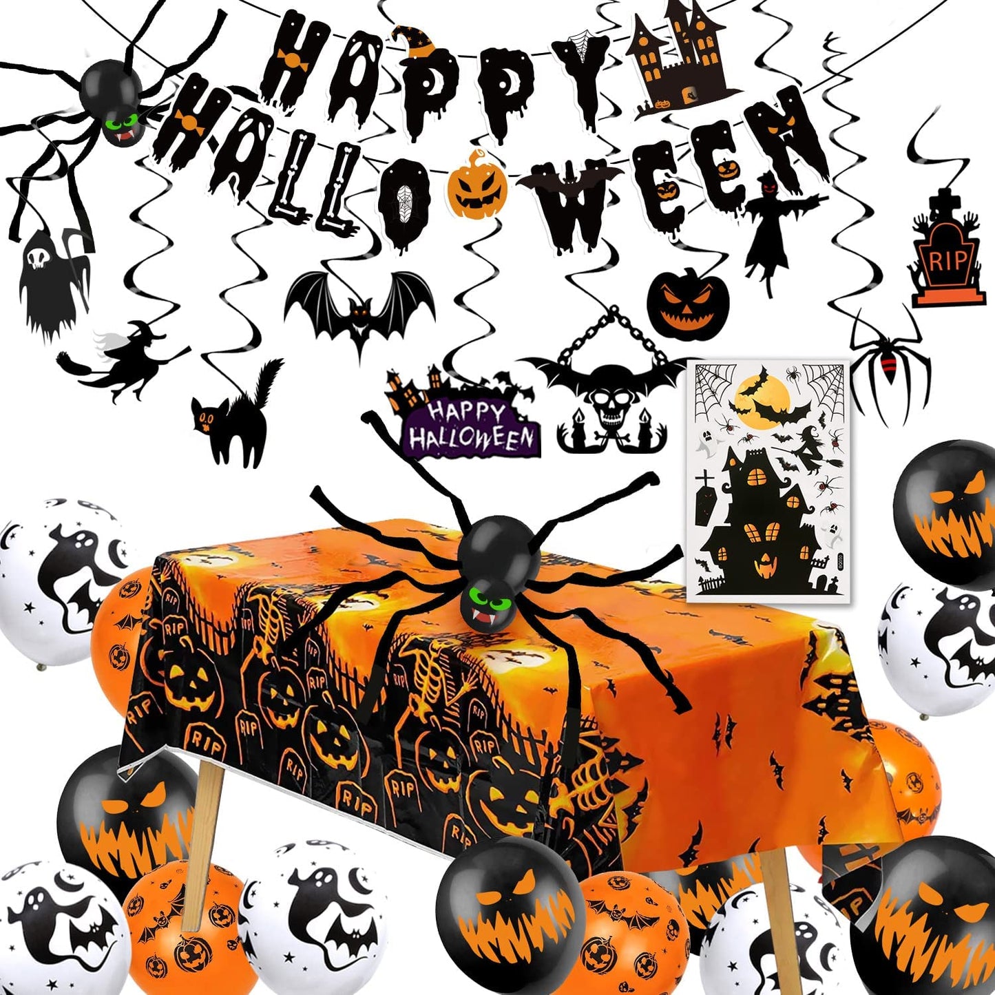 iZoeL Halloween Balloon Party Decoration Pull Flag Spiral Tablecloth Sticker Spider Crepe Paper