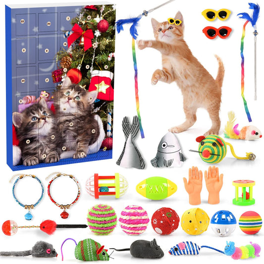 iZoeL Cat Advent Calendar 2022, 24Pcs Interactive Cat Toys for Indoor Cats - Christmas Cat Collars Cat Bow Tie Feather Toys for Cats, Fish Fake Mouse Bell Balls for Cat Christmas Gifts
