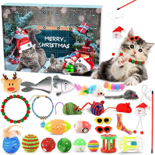 iZoeL Cat Advent Calendar 2022, 24 Pcs Interactive Cat Toys for Indoor Cats - Christmas Cat Collars Cat Bow Tie Feather Toys for Cats, Fish Fake Mouse Bell Balls for Cat